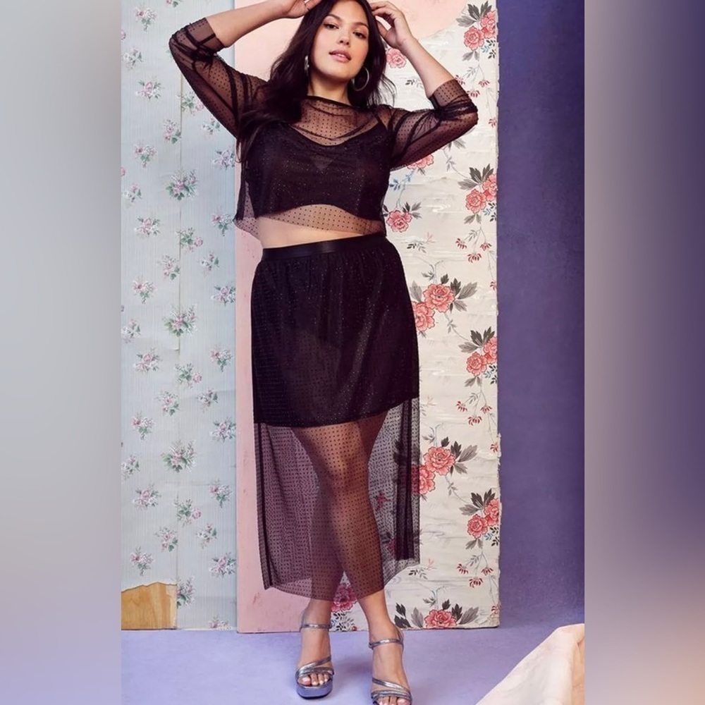 ELOQUII MESH RHINESTONE MIDI SKIRT
